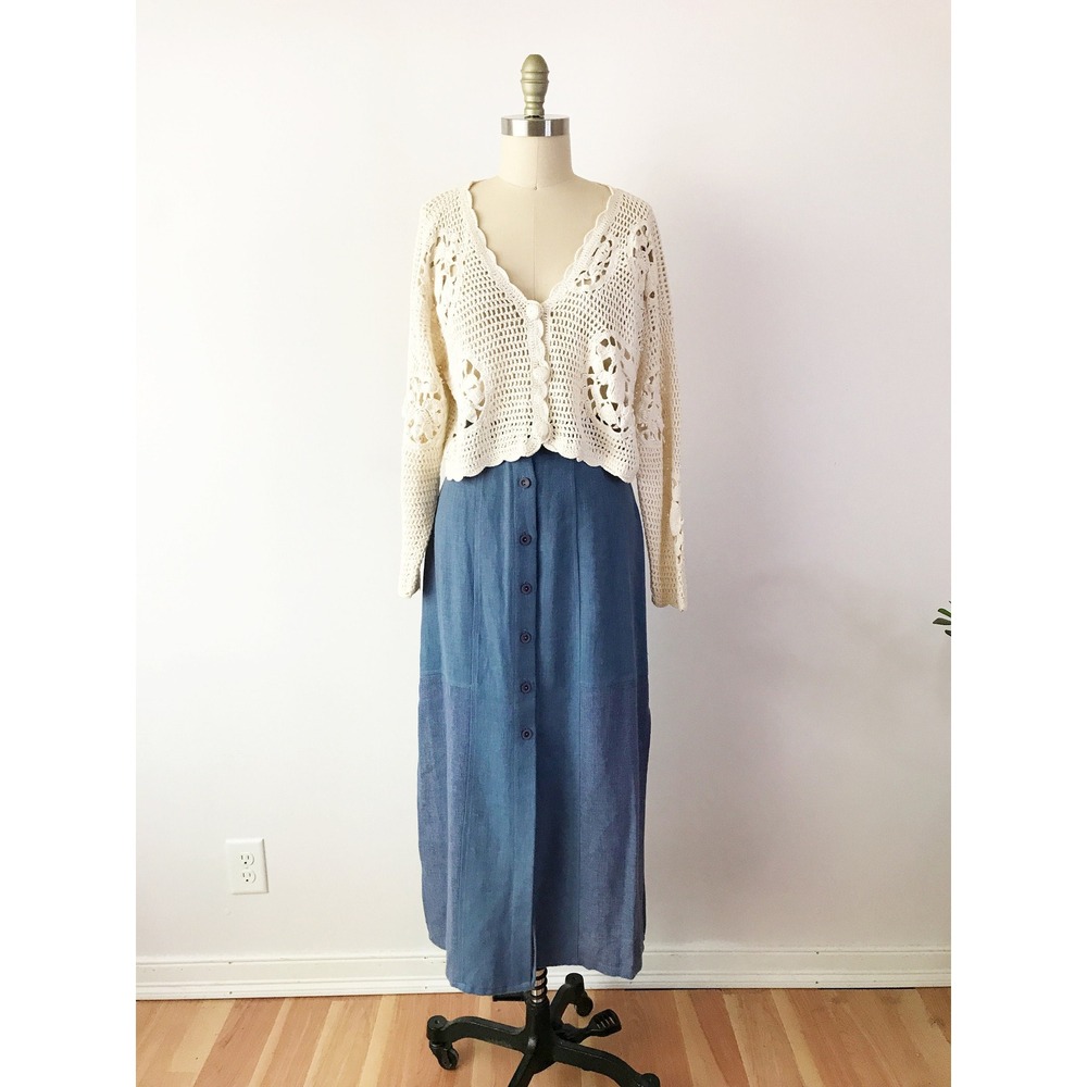 Blue Linen-Look Maxi Skirt Button Front High Waisted Side Slit 4 - Picture 3 of 8